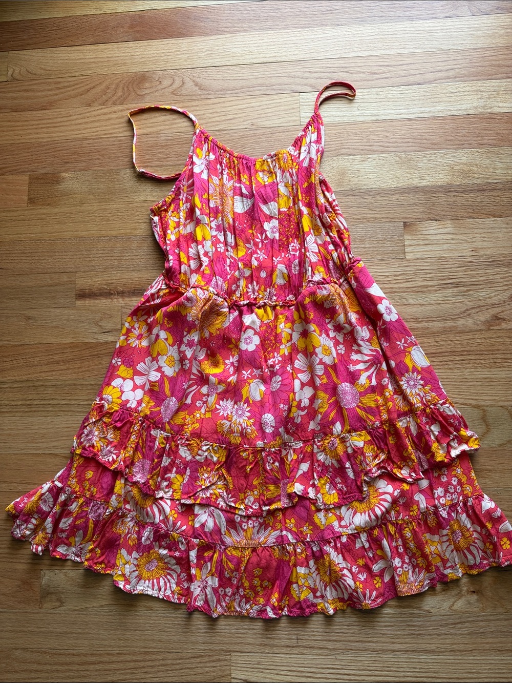 SHEIN Pink & Yellow Floral Tiered Ruffle Dress